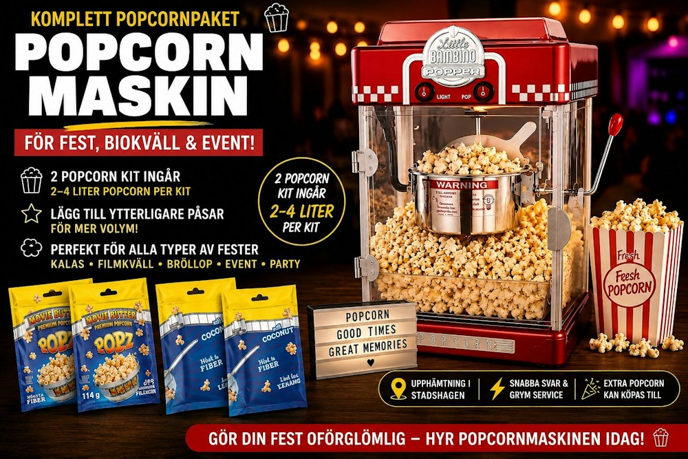 Popcornmaskin + popcorn ingår – barnkalas, filmkväll & fest