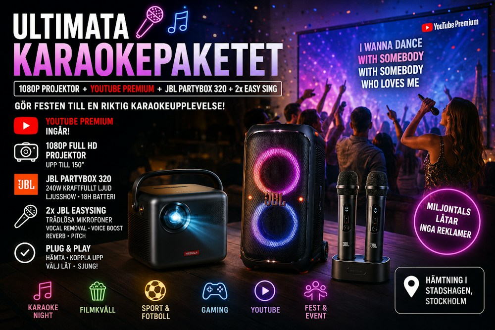 Karaoke på storbild – JBL, projektor, 2 mikrofoner & YouTube Premium