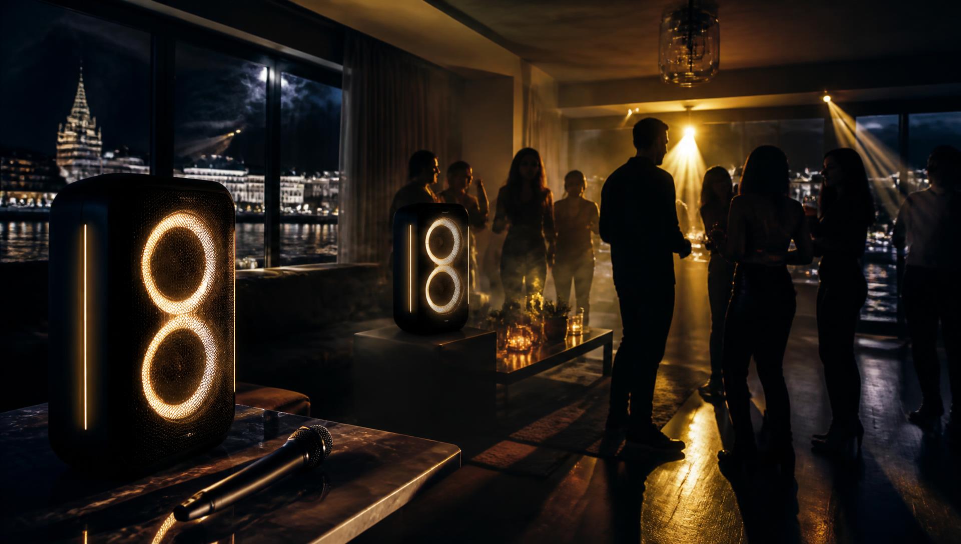 Fest i Stockholm med JBL-högtalare, karaokemikrofon och rökeffekt